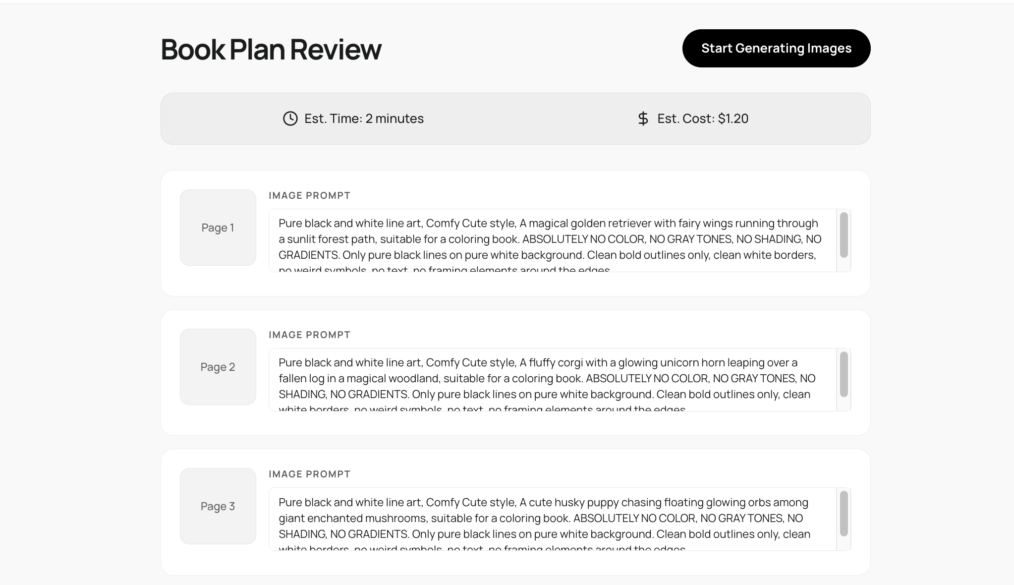 BookFlow review step: creator approves or regenerates individual pages before export