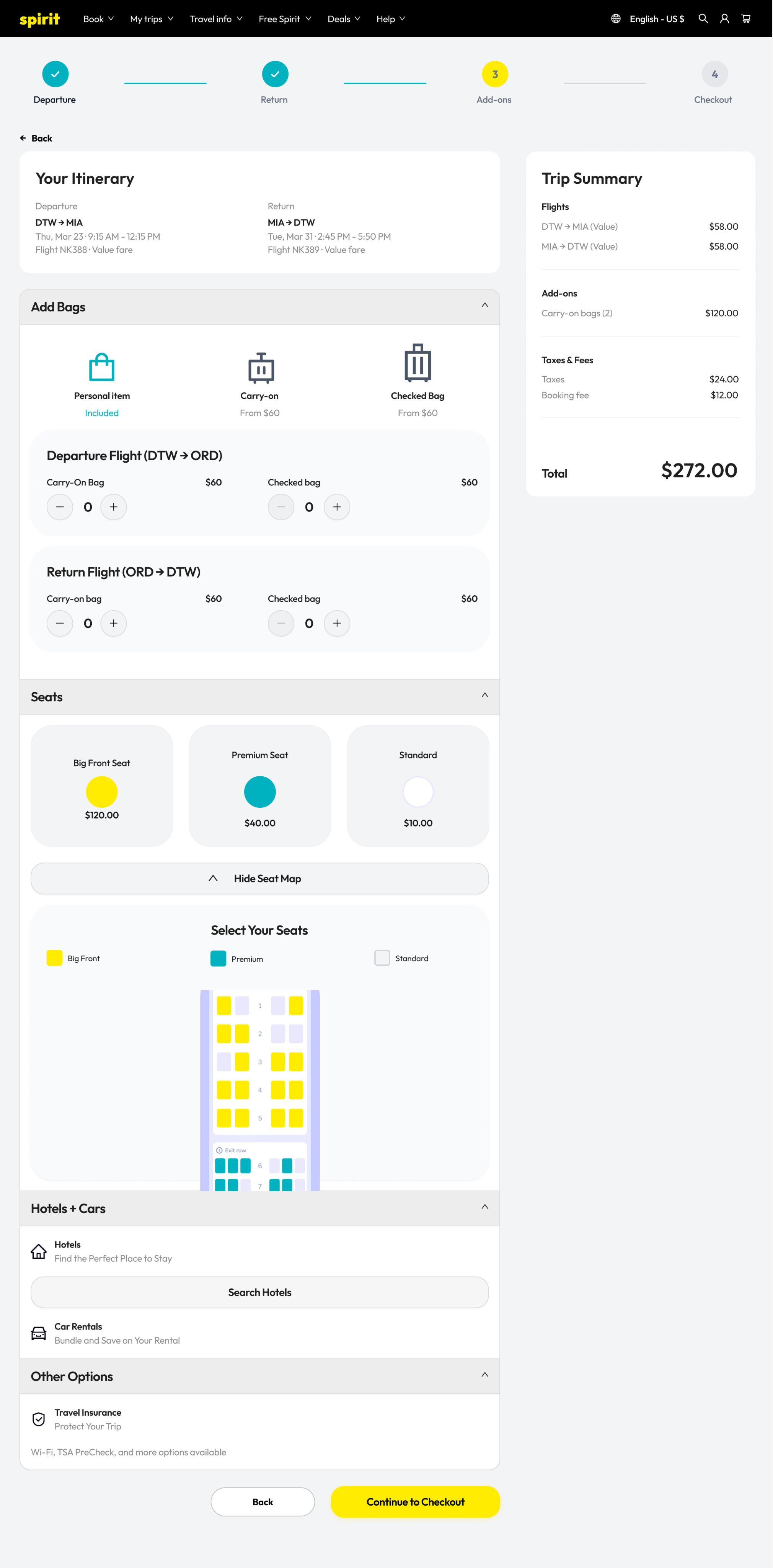 Add-ons page expanded with seat map