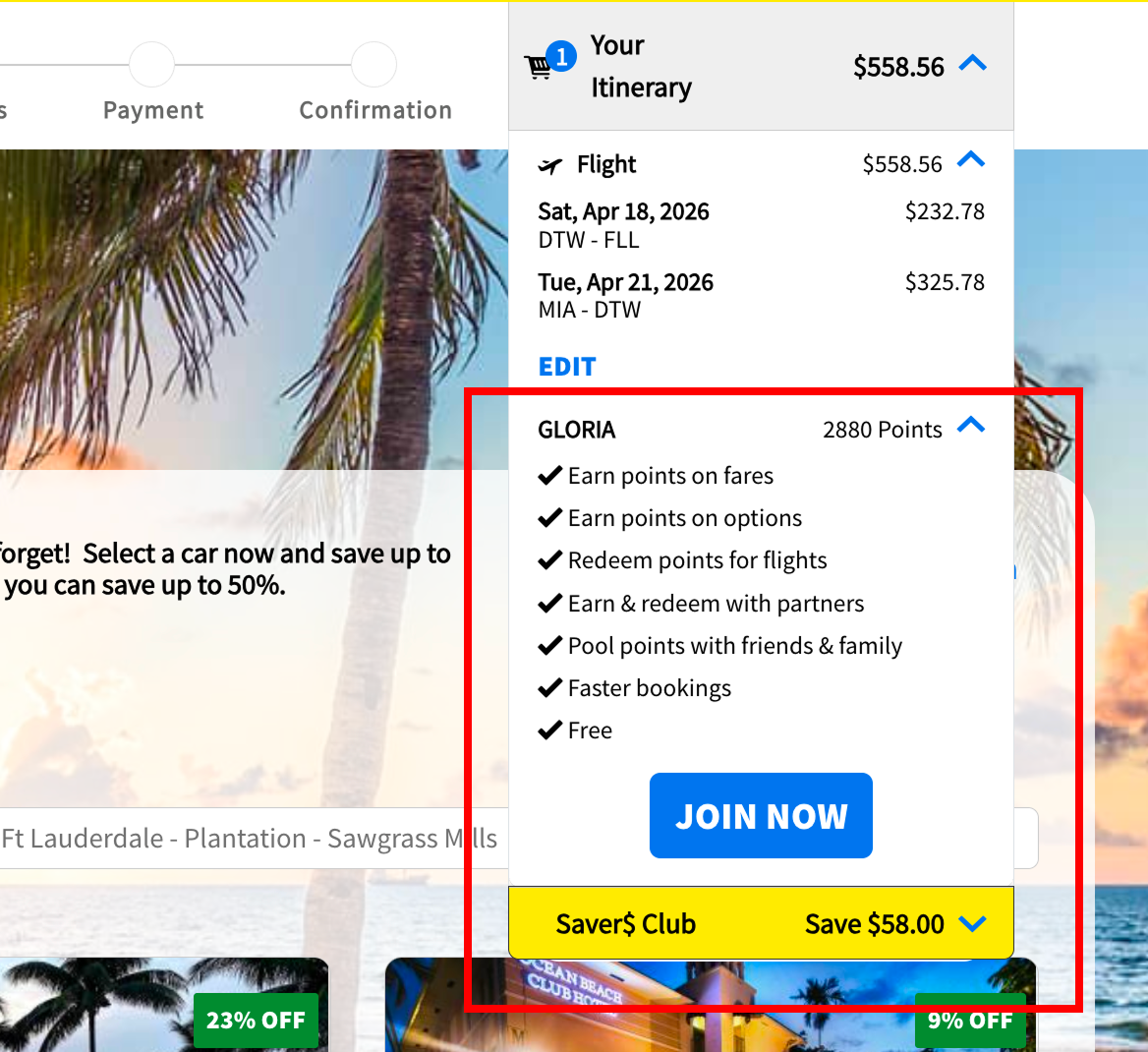 Before: trip summary exists but is buried alongside the add-ons section, making it hard to parse (highlighted in red)