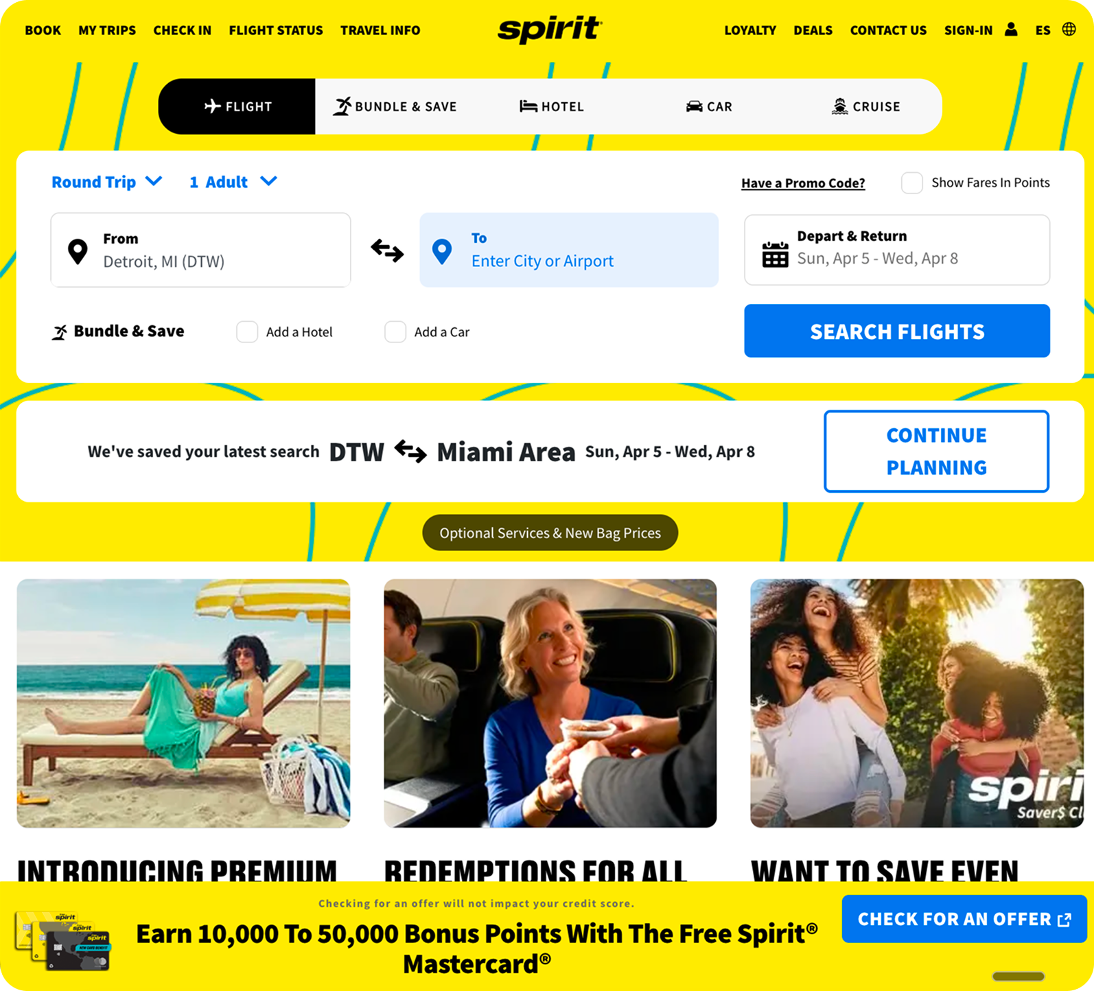 Live Spirit Airlines homepage