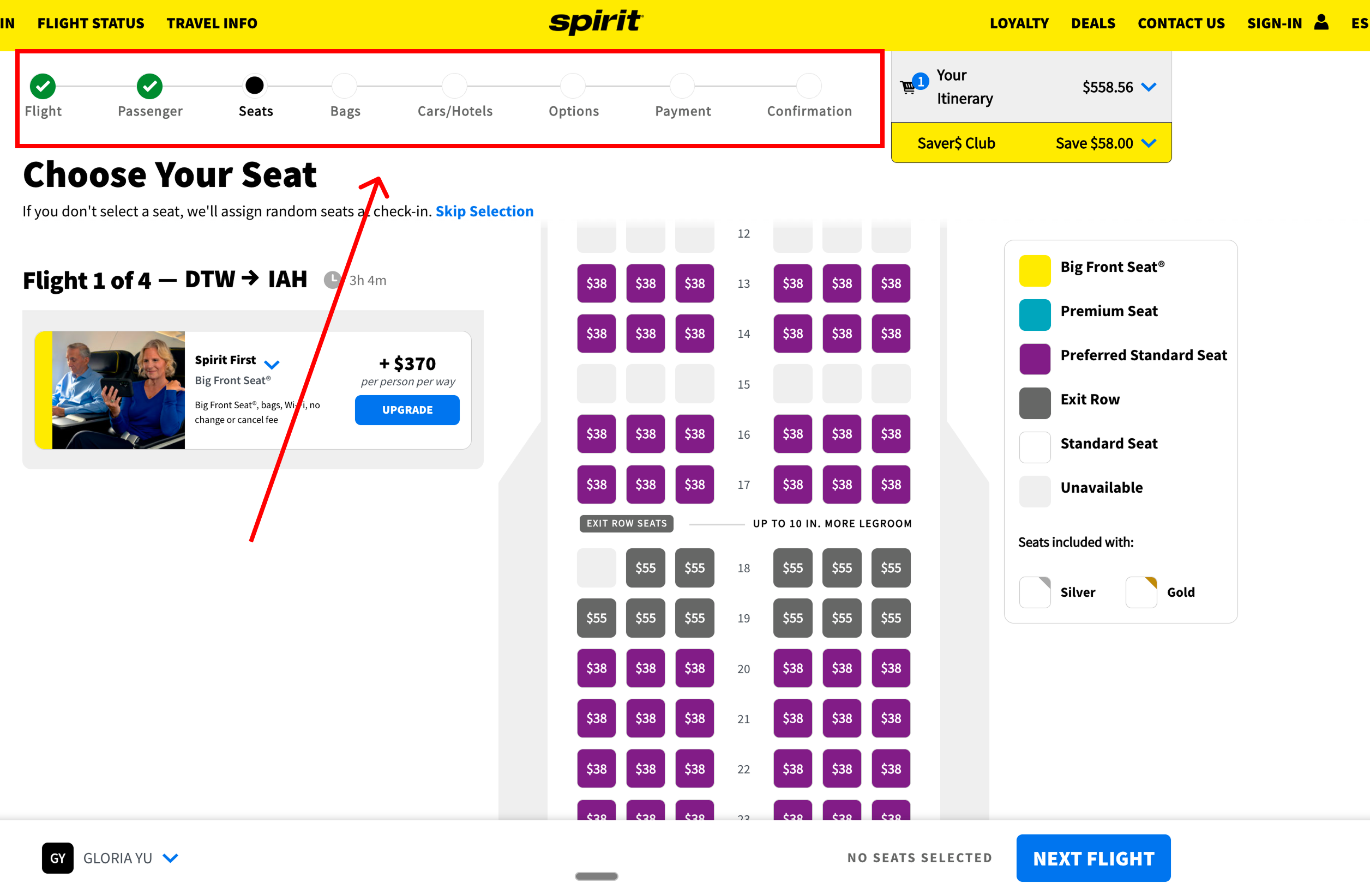 Live site: seat selection page with upsell prompts and upgrade pricing