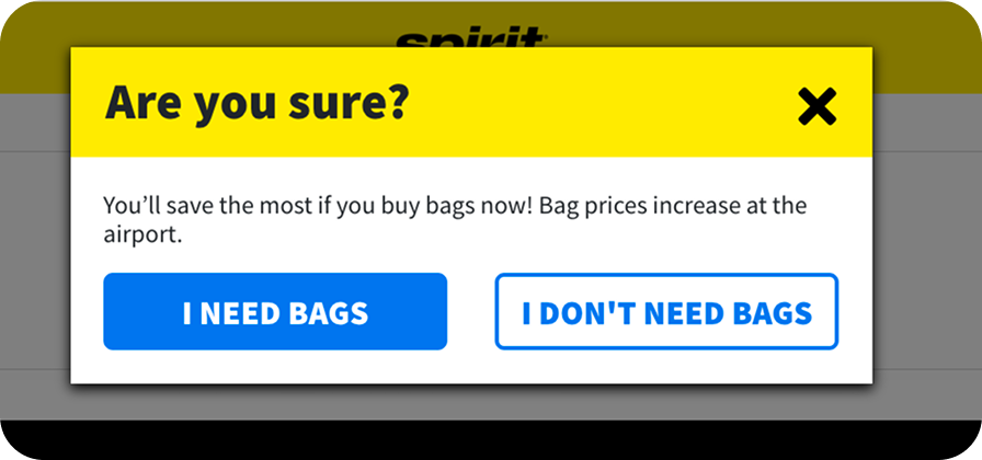Spirit confirmshaming popup for bags