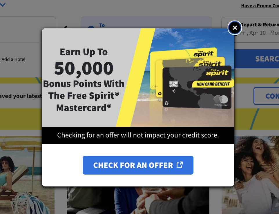 Spirit credit card offer popup