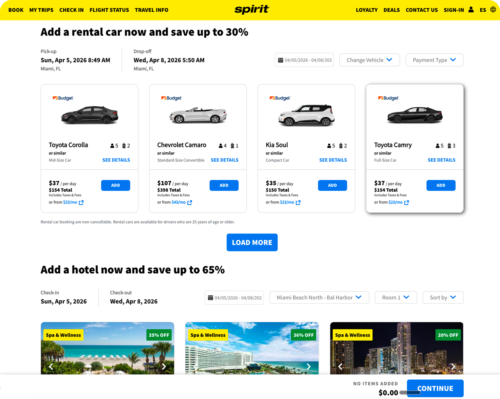 Spirit rental car and hotel upsell page