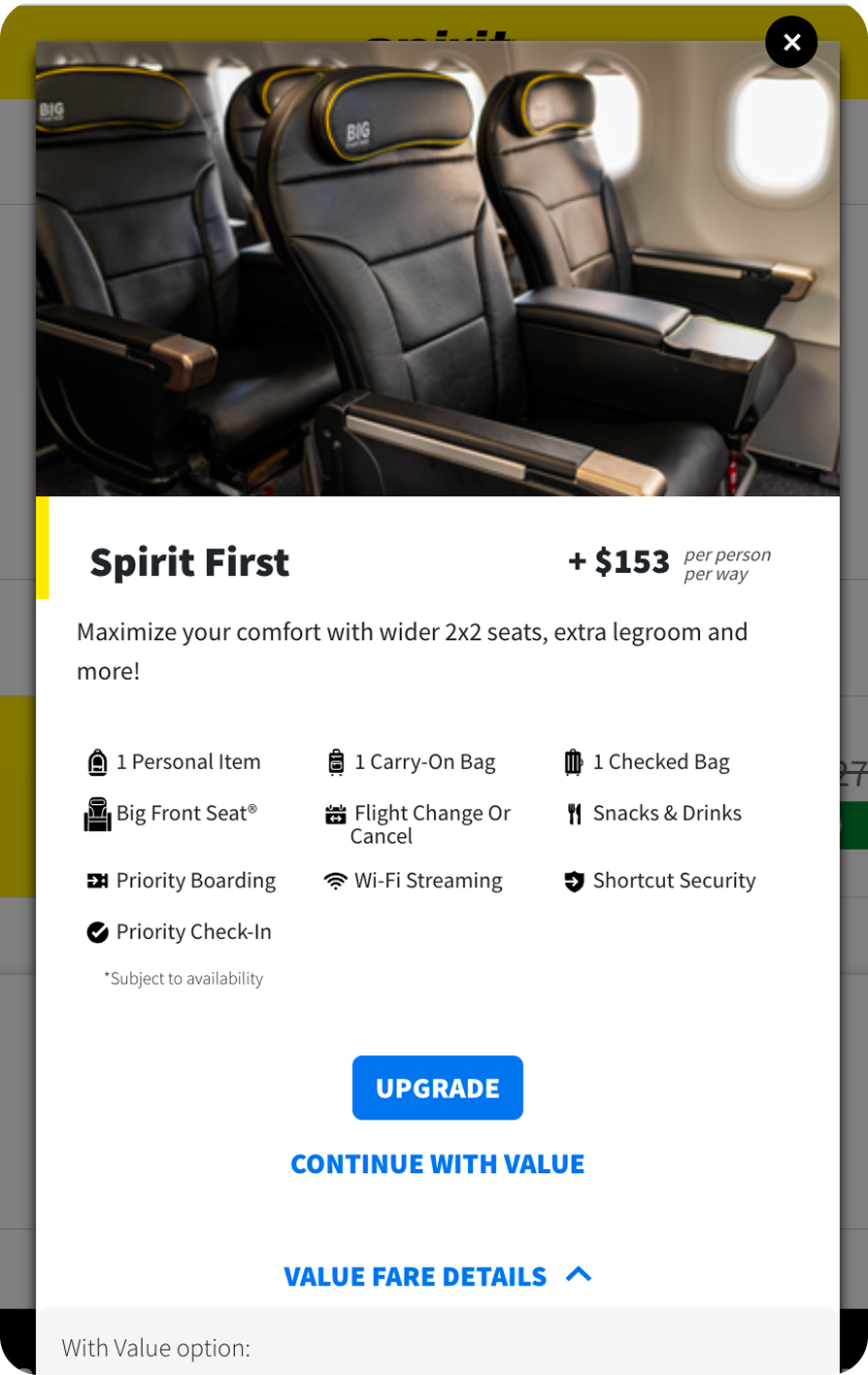 Spirit First upgrade upsell modal