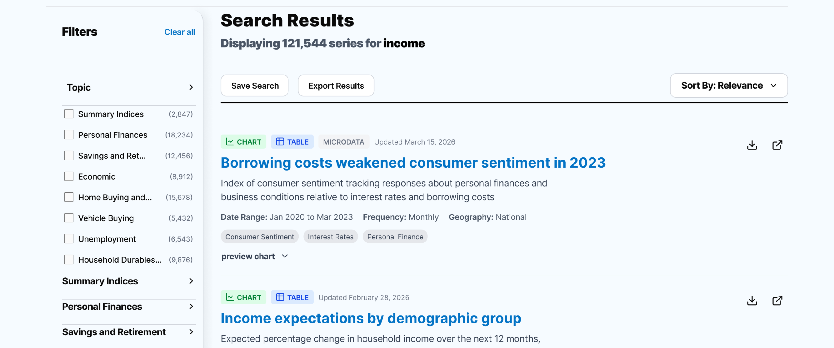 Redesigned search results page with faceted filters by Topic, Geography, and Time Period