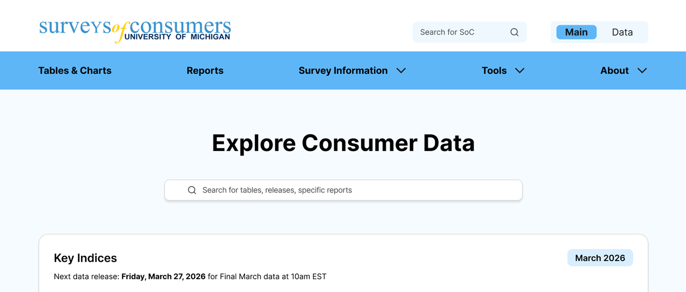 Redesigned SoC header with unified search bar and Main/Data toggle